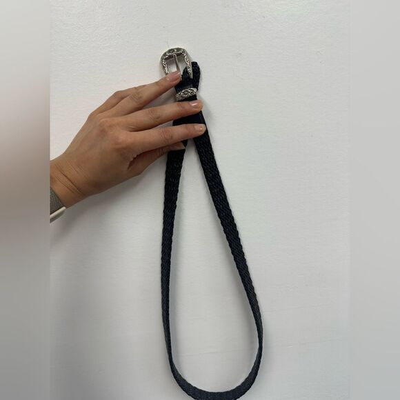Vintage 90s Talbots Black Braided Leather Belt Silver Hardware Floral Engraved S - Picture 9 of 10